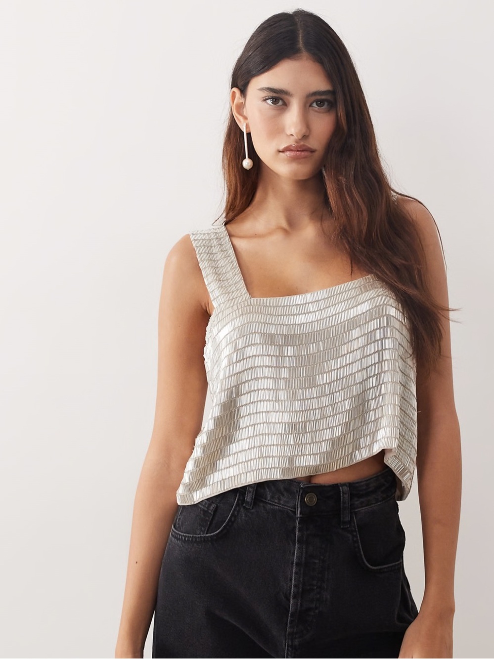 ARRANGE - embellished beaded square neck boxy crop top in silver